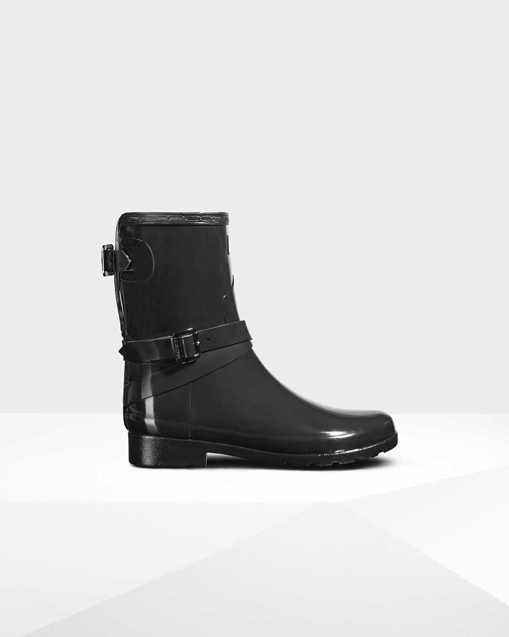 Hunter Refined Adjustable Short Gloss Mid-Calf Women's Rain Boots NZ-81284X Black